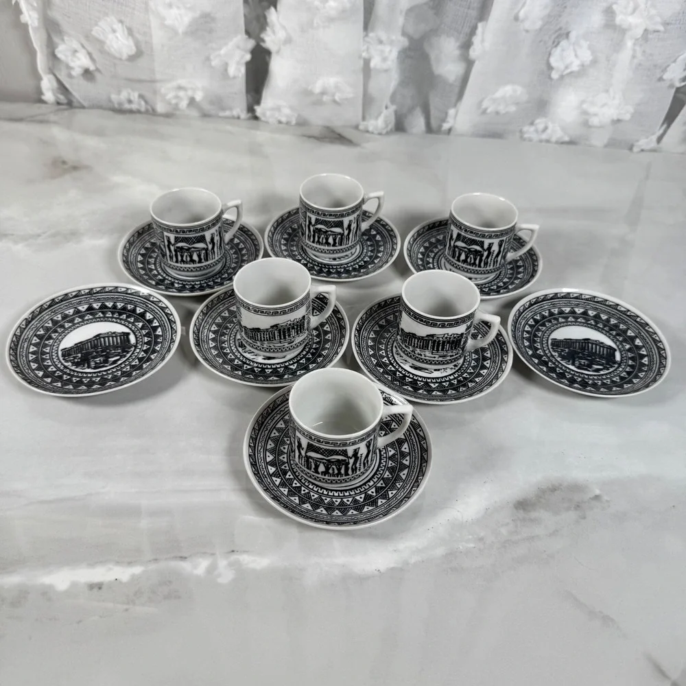 Vintage Greek Black and White Demitasse Cups and Saucers Set Greek Key Parthenon